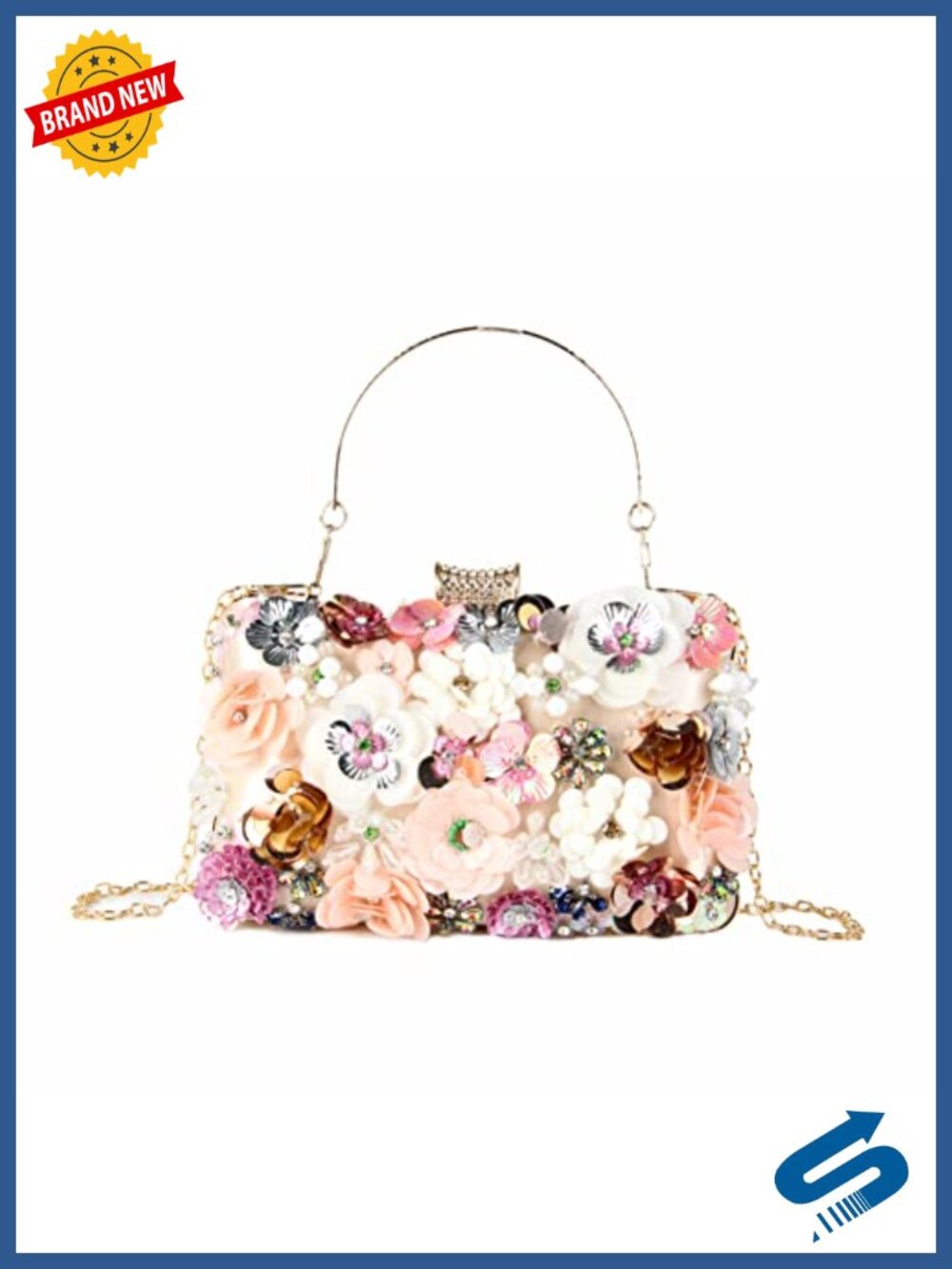 Embroidered Floral Evening Clutch with Chain Strap Wristlet